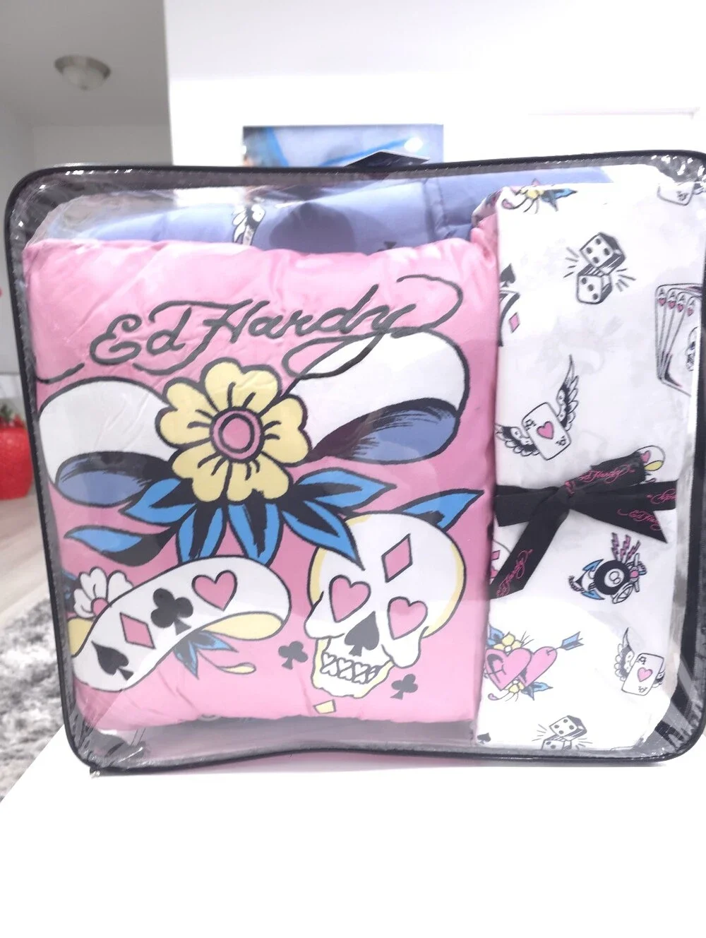 Ed Hardy Queen 8 Piece Cards Blue Purple Reversible Comforter Bedding Set